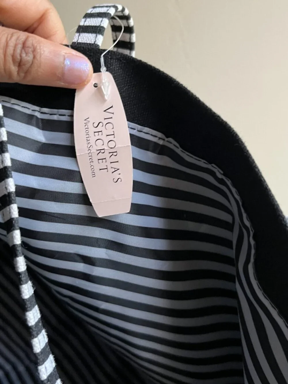 Victoria's Secret Black Canvas Beach summer travel Tote bag striped y2k oversize